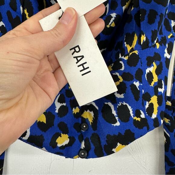 Rahi Blue Leopard Print Crop Puff Shoulder Boho Womens Blouse L Yellow Ruched - Picture 6 of 11